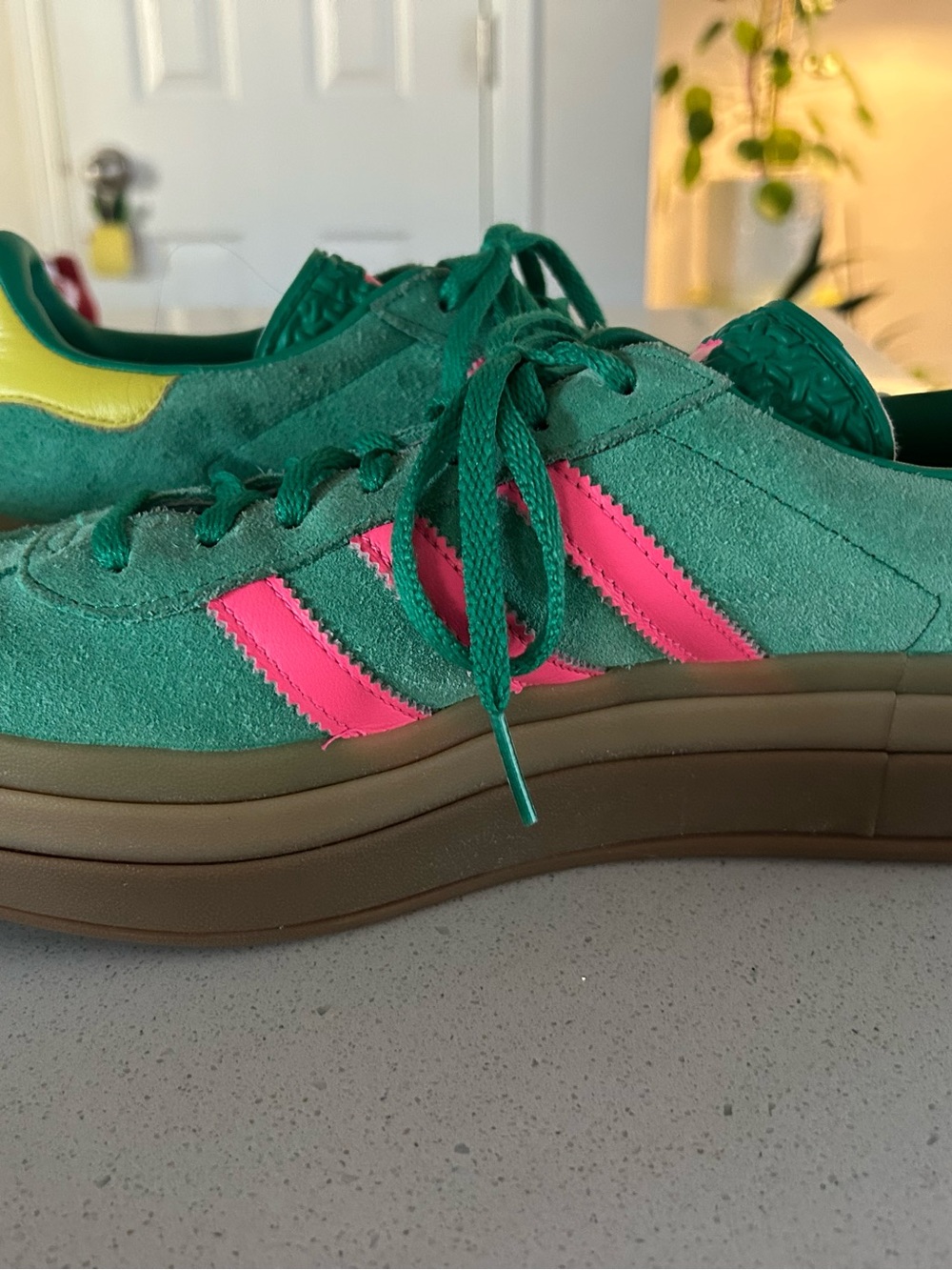 adidas Green Suede Sneakers with Pink Stripes